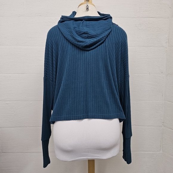 Free People Movement Blissed Out Rib Mock Neck Henley Hoodie in Teal Size Small - Picture 8 of 15